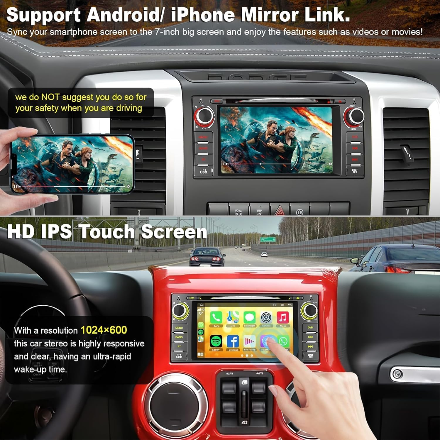 Car Radio Stereo with CD/DVD Player for Dodge RAM 1500 2500 3500 (2009-2012), for Jeep Wrangle/Unlimited (2007-2015),7 Inch Head Unit with Carplay & Android Auto,Bluetooth & GPS Navigation image number 2