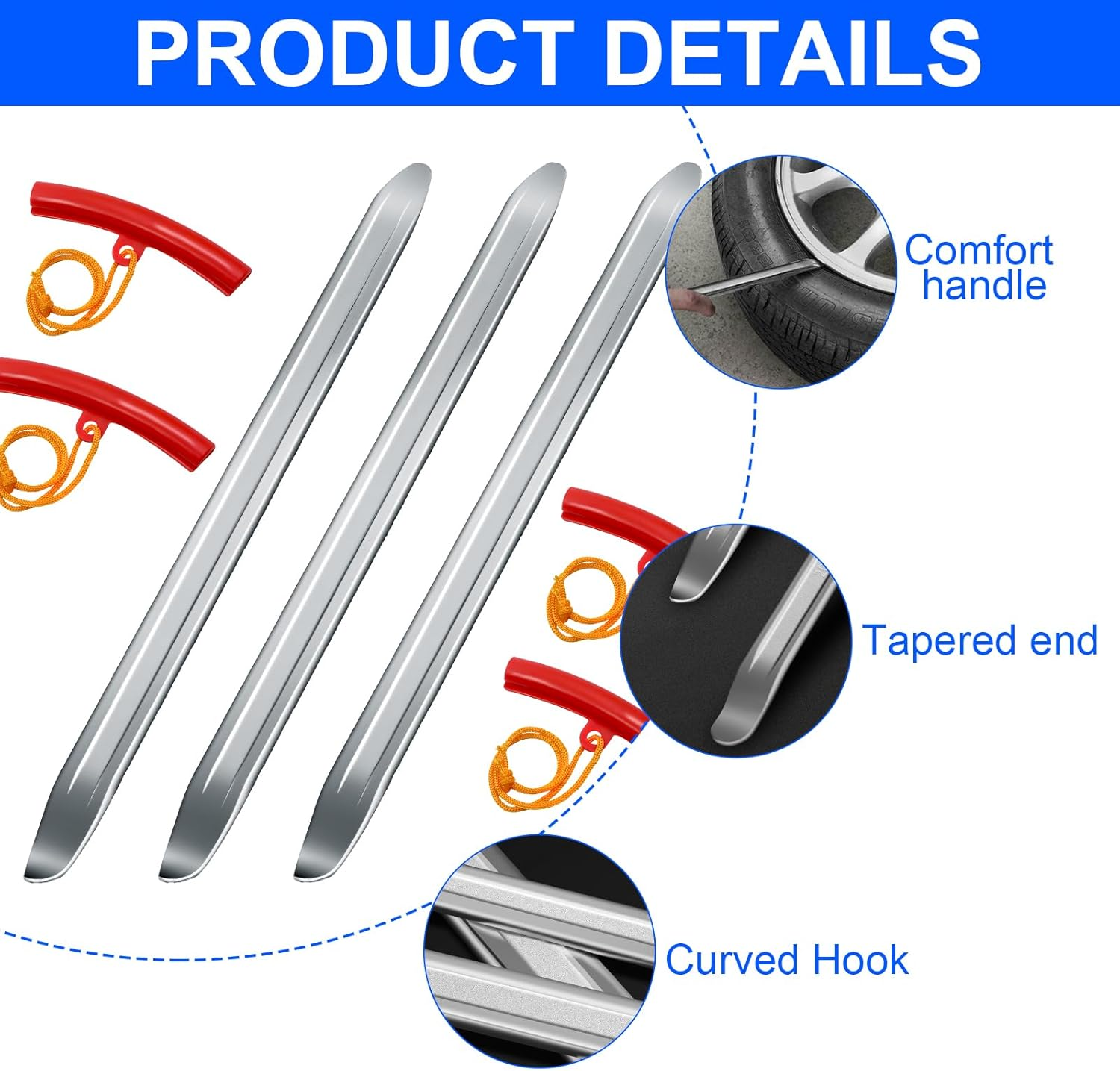 DAWRIS Set of 3 Tyre Lever 30 Cm with 4 Rim Protectors, Tyre Winding Aid with Wheel Rim Protectors, Tyre Remover Tyre Change Tool for Motorcycle, Bicycle, Car image number 6