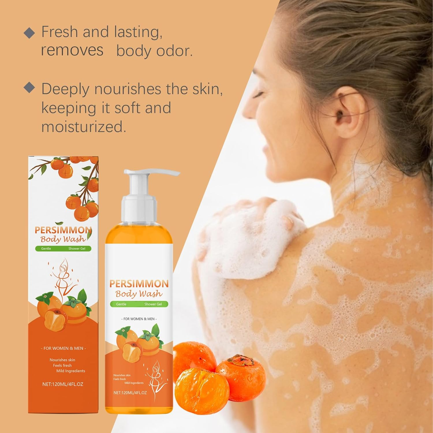 Persimmon Body Wash for Old People Smell, Persimmon Body Wash, Bodys Odor Removal, Cleansing Bodys Deodorizing with Persimmons Extracts, Fresh Scent & Deeply Cleansing, for Old People Smell (4Pcs) - 4Pcs image number 2