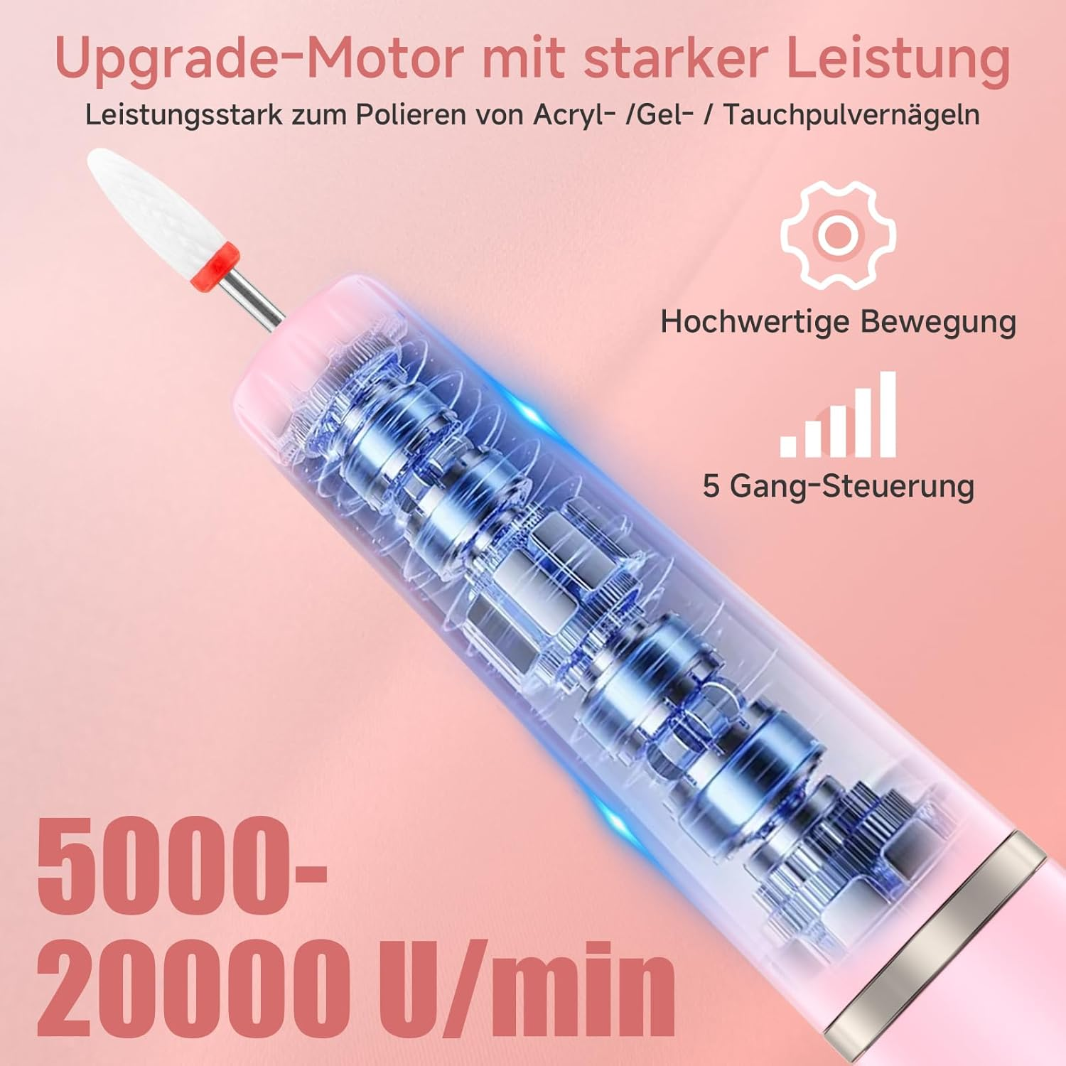 Electric Nail File 12 in 1 - Electric Manicure Kit 20000Rpm, Electric Nail Milling Machine 5-Speed, Acrylic Nails, Gel Nails, Calluses Removal image number 6