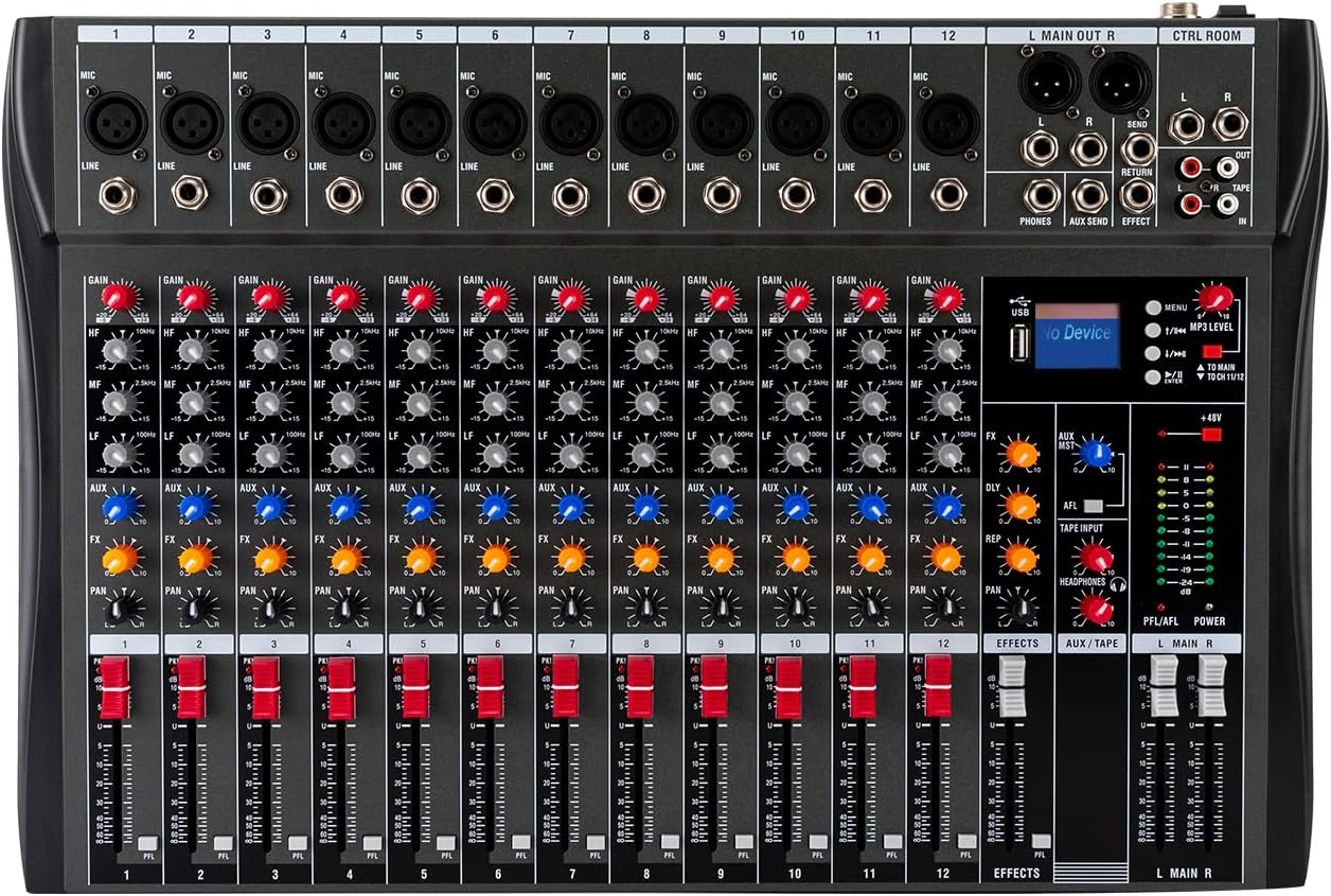 12 Channel DJ Audio Sound Mixer Interface with MP3 USB Bluetooth Stereo Recording, Ultra Slim DJ Sound Controller with LED Light, Sound Board Mixing Console image number 1