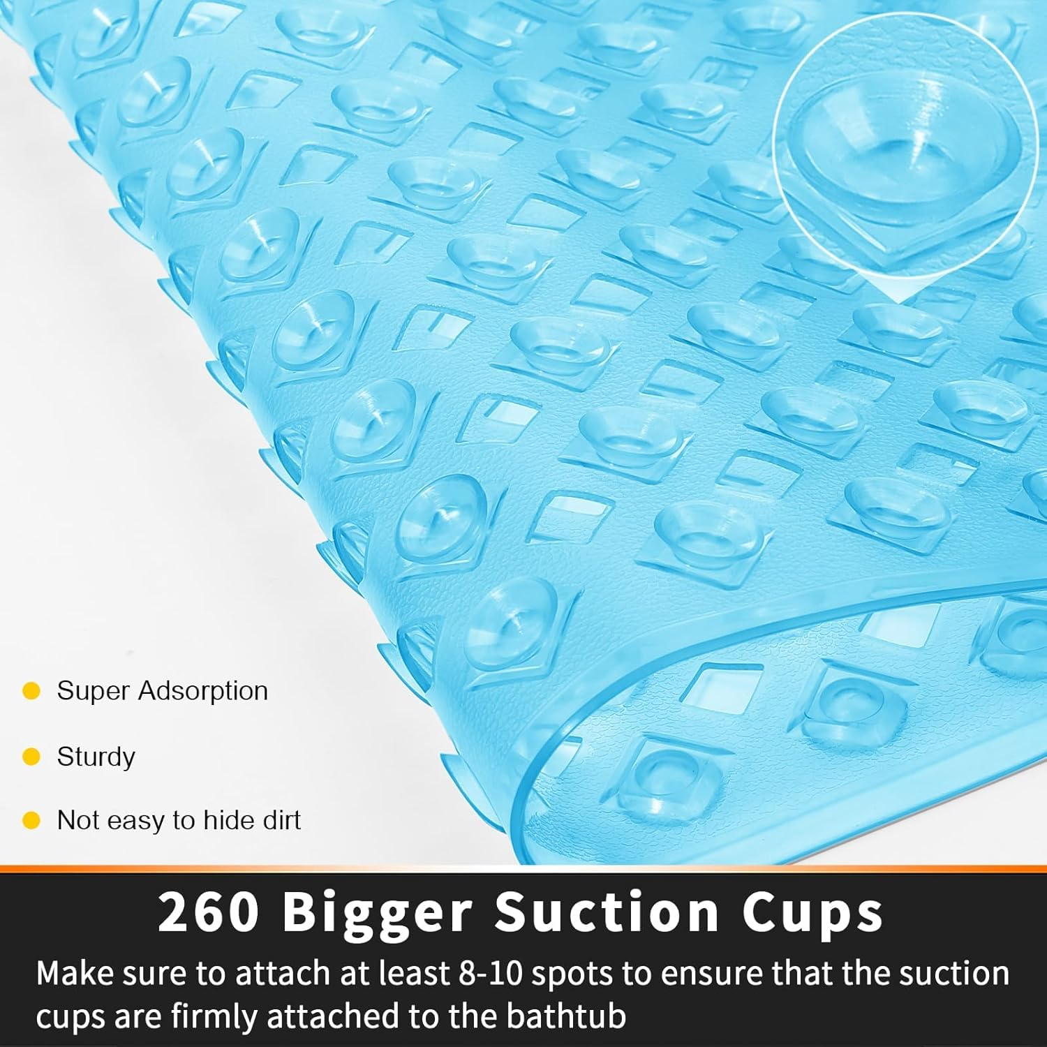 YUTA Bath Tub and Shower Mats, Non-Slip and Latex Free, Bathtub Mat with Suction Cups, Machine Washable Bathroom Mats with Drain Holes, 40X88Cm, Blue - All Clear image number 5