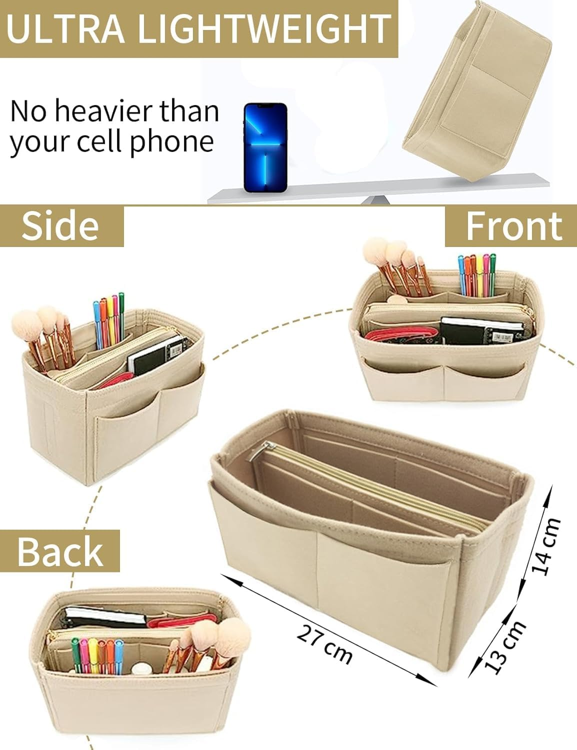 Purse Organizer Insert, Handbag Purse Organizer, Multi Pocket Wallet Organizer, Backpack Liner Organizer, Handbag Tote Shaper, Felt Bag Organizer with Zipper, Felt Bag Organizer for Tote (GREY) - Pk image number 6