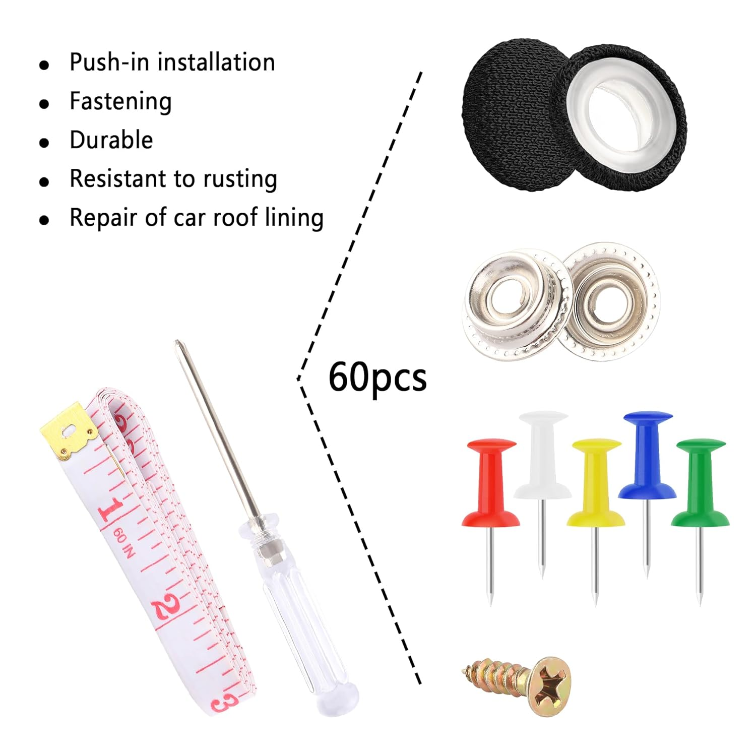 60PCS Car Headliner Repair Kit,Push-In Rivets Retainer Clips Headliner Pins for Car Interior Accessories Patching,Multipurpose Ceiling Fabric Repair Buckle with Installation Tool (Black)