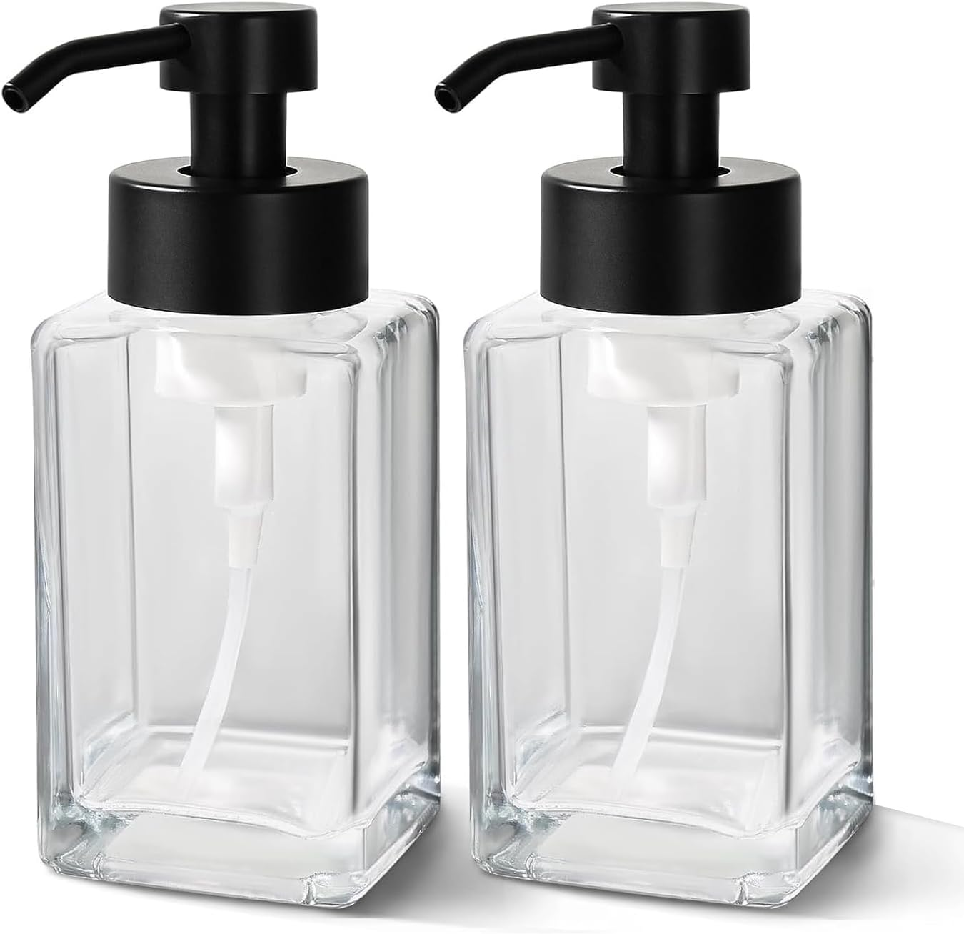 2Pcs Refillable Foam Soap Dispenser with Foaming Pump ，12Oz/350Ml Glass Foaming Hand Soap Dispenser Set，With Foaming Pump for Bathroom, Kitchen (Amber)