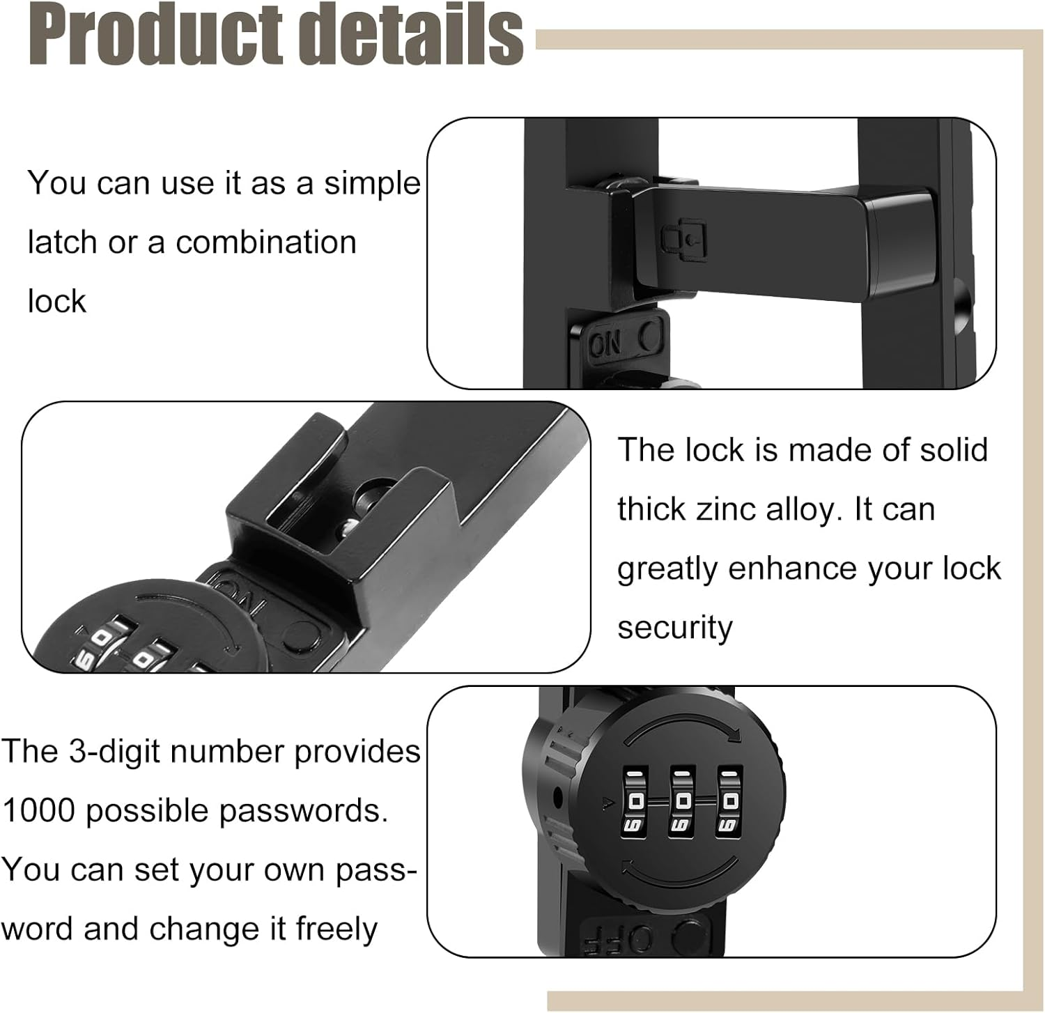 Door Slide Latch, Adjustable Door Latch Combination, 90/180 Degree Lock Zinc Alloy Security Latch with 3-Digit Code for Gates Barns (B) - A image number 6