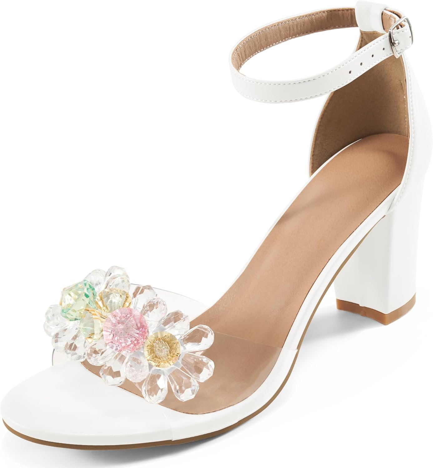 Aomigoct Chunky Heels for Women Wedding: Black 8 Dressy Comfortable High Heeled Sandals for Fashion Bridal with Crystal Decor