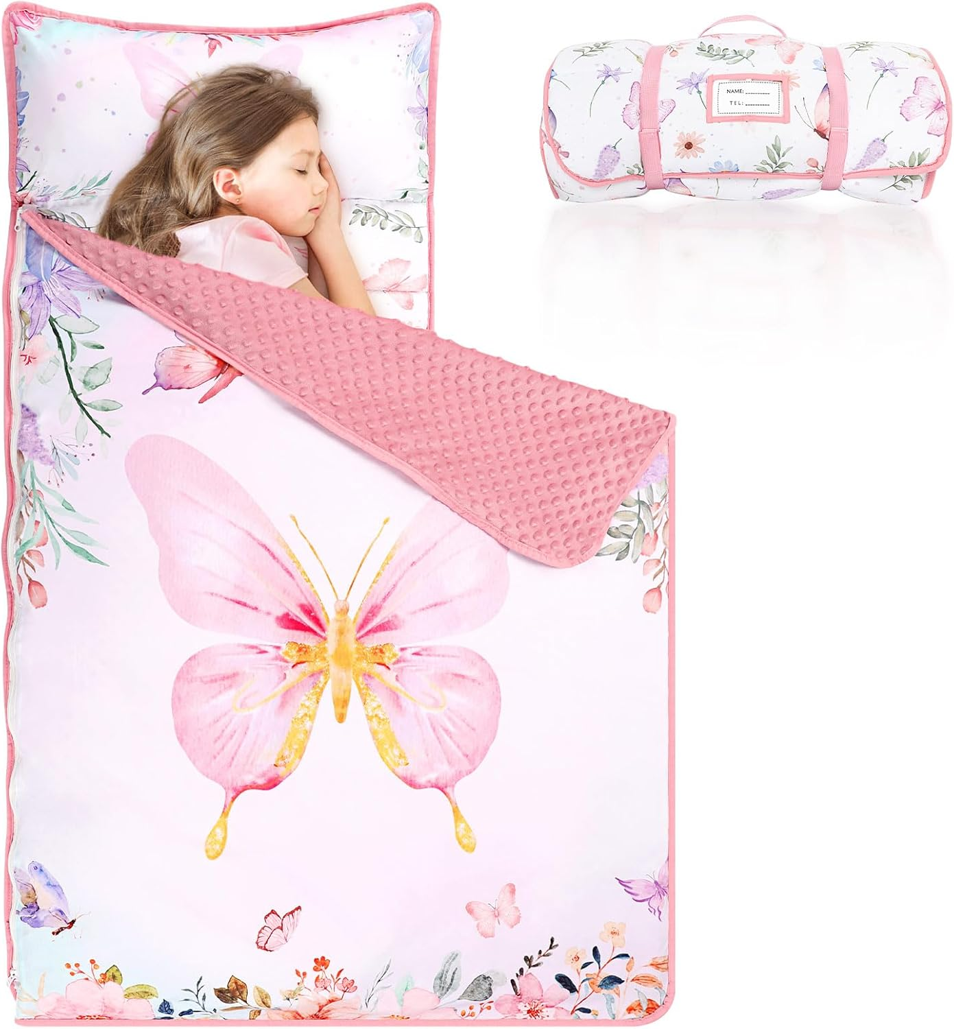 Toddler Nap Mat with Removable Pillow and Soft Dot Minky Blanket