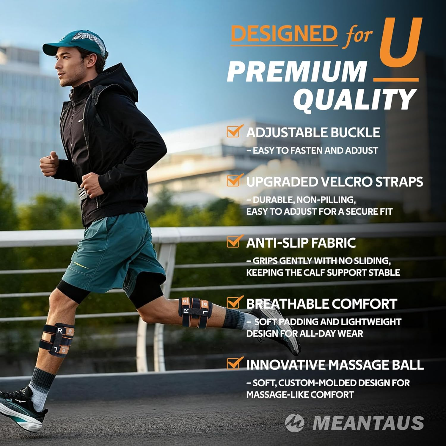 Calf Support Brace for Sciatica Pain Relief &ndash; Adjustable Leg Compression Brace with Dual Pads, Aluminum Bar, Anti-Slip Fabric, and Massage Ball for Effective Nerve Pain Relief in the Lower Back, Hip, and Calf(Orange) image number 2