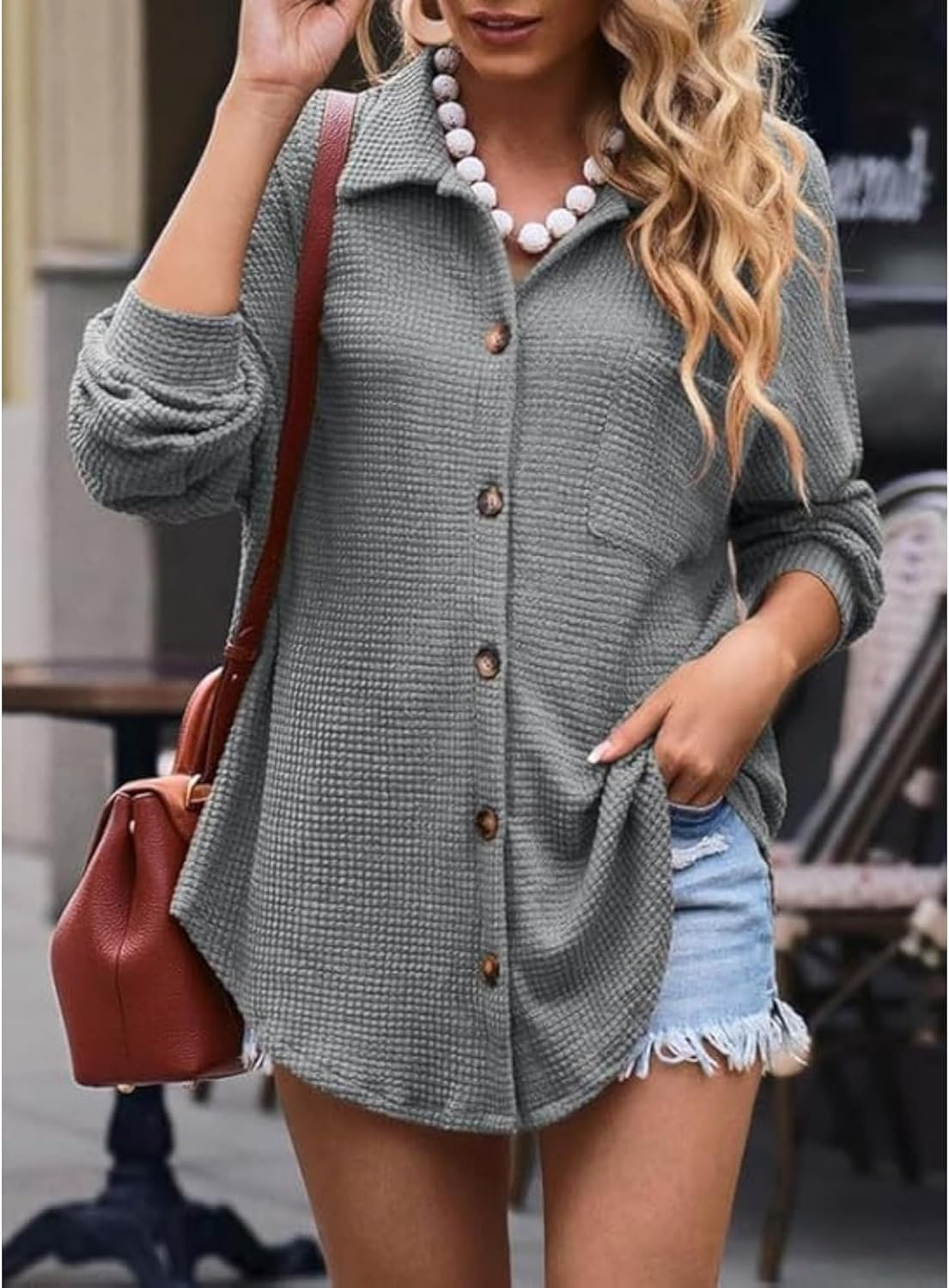 Women&rsquo;S Waffle Knit Shacket Jacket Casual Long Sleeve Blouses with Pocket Button down Shirts Dressy image number 5