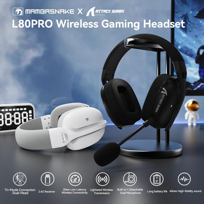 Mambasnake&times;Attack Shark L80PRO Gaming Headset, Lightweight Over-Ear Gaming Headphones,Wired/Bt/2.4G Wireless,Dual Microphone Stereo Surround Sound Low Latency for Pc/Smartphone/Laptop/Tablet-Black