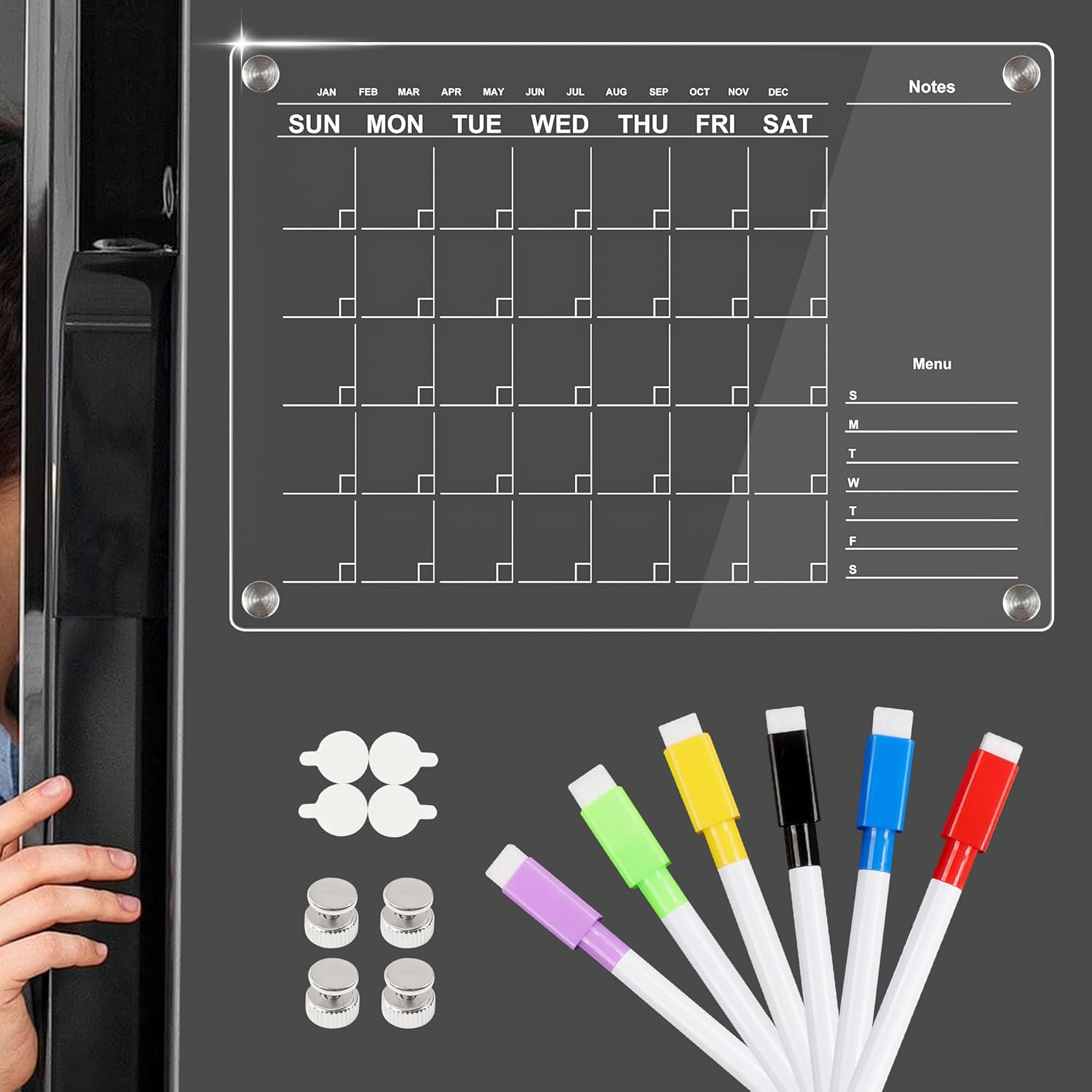 JUNART Acrylic Magnetic Fridge Calendar for Efficient Life Planning, Reusable Planner Includes 6 Markers,4 Magnetic Holders