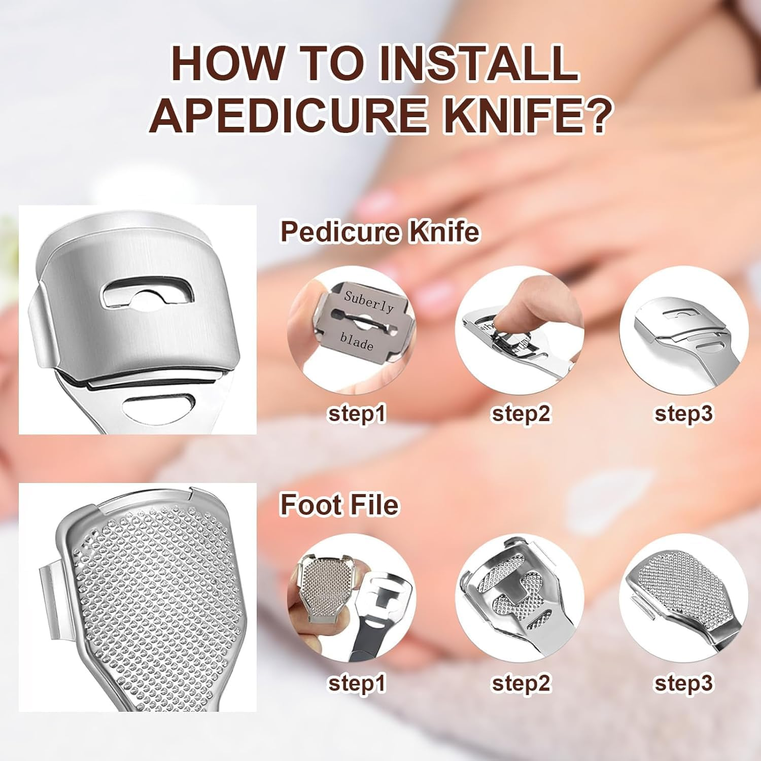 2Pcs Foot File and Callus Remover Tool with 20 Blades,Ergonomic Handle, Pedicure Foot File Kit for Wet/Dry Use on Cracked Heels, Dead Skin and Corns image number 4