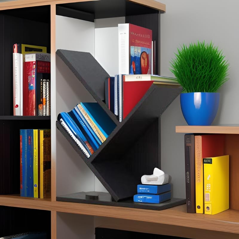 Hbluefat Book Tree Bookshelf, 3-Tier Wood Tree Small Bookcase for Desk Displaying Books, Cds, Magazines and More at Office, Home and School (Black Walnut) image number 4