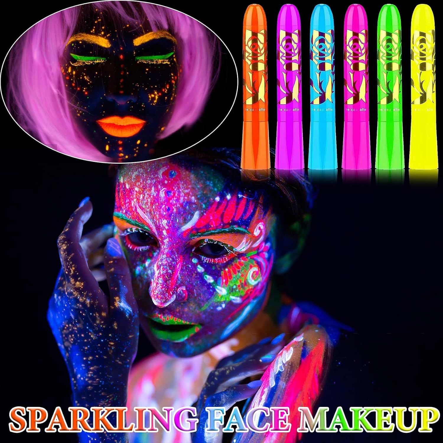 Glow in the Dark Face Paint Crayons, 6 Colours UV & Black Light Body Painting Kit, Non-Toxic Makeup for Halloween, Festivals, Easter, Masquerades, Party Supplies image number 6