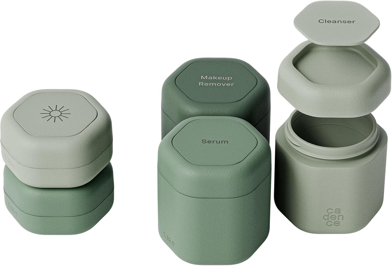 Cadence Travel Containers - Core Skincare Set - Magnetic Containers with Lids,2 Small (0.56Oz) & 3 Medium (1.32Oz) - Cleanser, Moisturizer, Serum, Makeup Remover & Sun Icon Labels - Petal