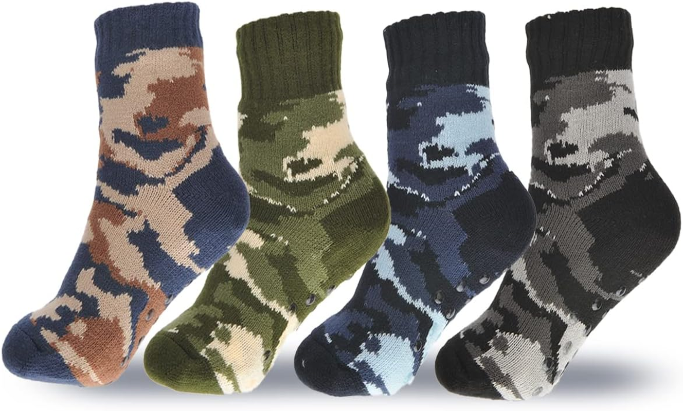 [4 Pairs] Sherpa Sherpa Fleece Winter Socks for Boys, (Age 9-12) Non Slip Grip, Extra Warm, Soft, and Comfortable, Easy Wash, Trap Heat and Keep Your Feet Warm, Camo Design and Assorted Colours image number 4