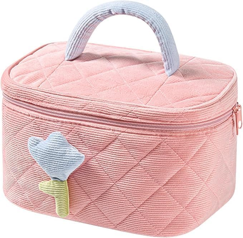 Flower Cosmetic Bag, Kawaii Makeup Bag, Makeup Bag with Floral Pattern, Large Make up Bag Women, Made of Soft Cotton Material, Make up Bag, Cute Beauty Cosmetic Bag for Women and Girls, Pink image number 4