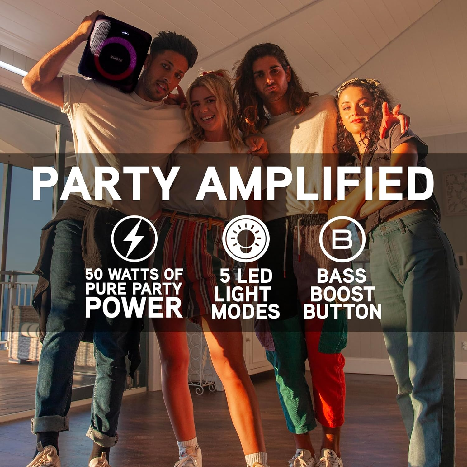 Blueant X4 Portable Bluetooth&reg; Party Speaker, Bass Boost, 50W Peak Power, Microphone, 5 LED Lightshows, up To12Hrs Playtime, Deep Bass, Duo Mode Wireless Pairing, Splashproof, Black image number 1