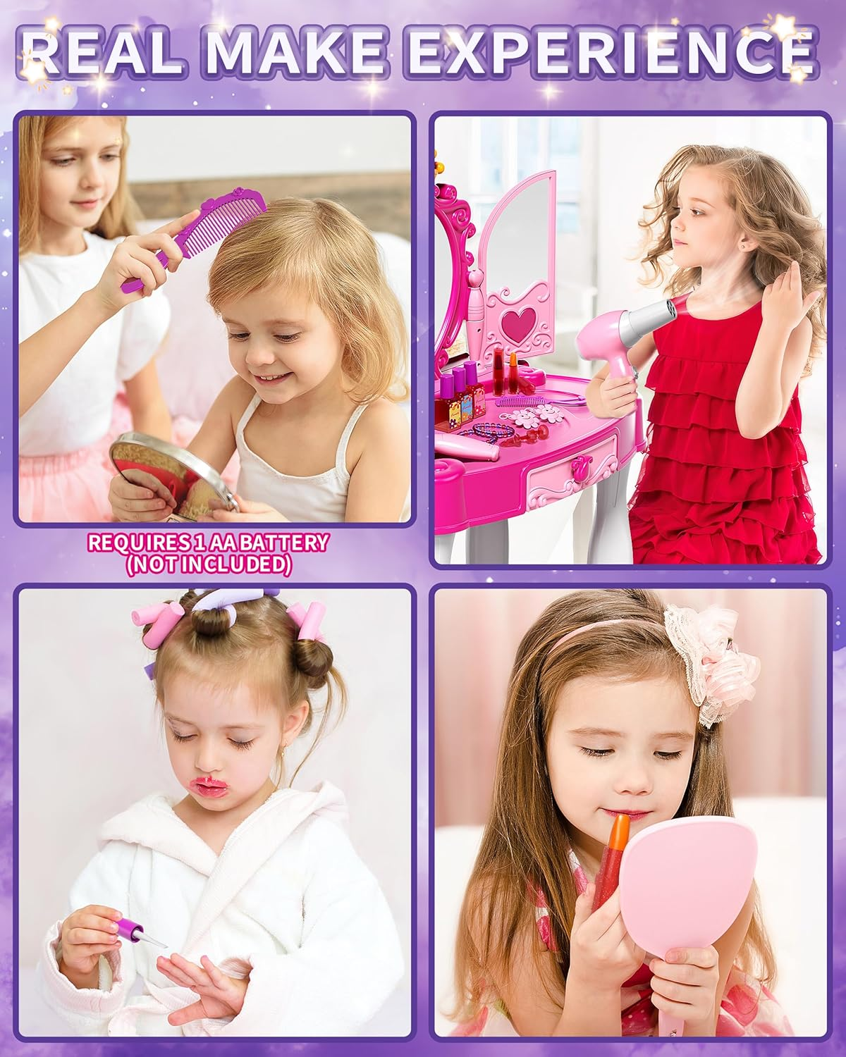 Kids Vanity Makeup Table with Mirror and Chair, Toddler Kids Makeup Vanity Table Set with Lights and Sound of Music, Toddler Vanity Girl Toys Set Includes Blowdryer and Makeup Kit