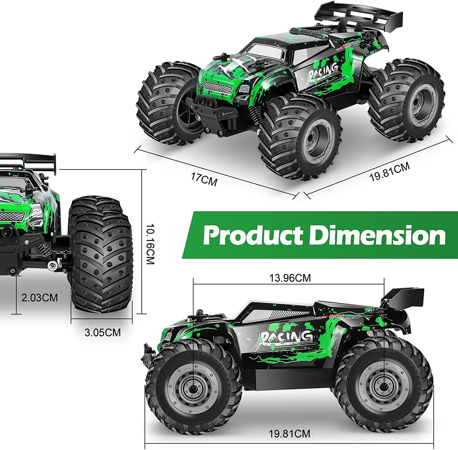 Remote Control Car, Monster Truck Monster Jam with LED Headlight, 1:18 Scale All Terrain, 2WD 2.4 Ghz off Road High Speed 20 Km/H RC Cars for Boys and Girls image number 2