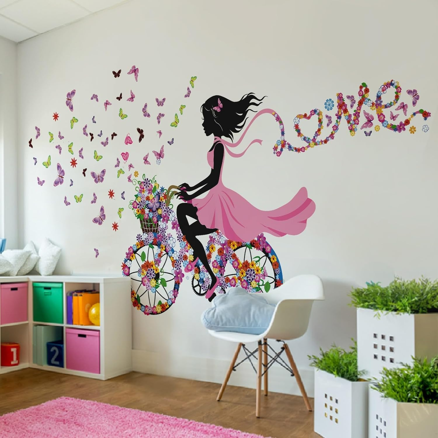 DEKOSH Kids Room Girl with Butterflies and Flowers Peel and Stick Wall Decal Set image number 3