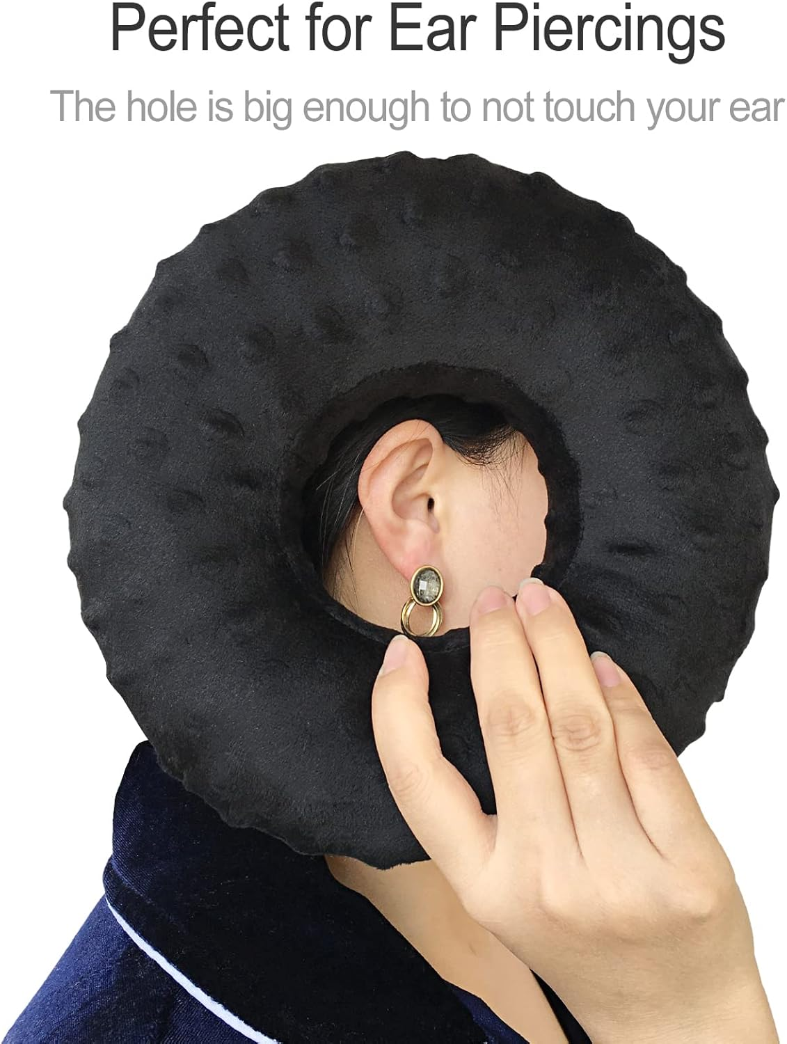 Piercing Pillow Ear Pillows Donut with Hole for Ear Pain CNH, Pain Relief Sleeping, Pressure Sore, Side Sleepers, Headphones Minky Dot Black image number 4