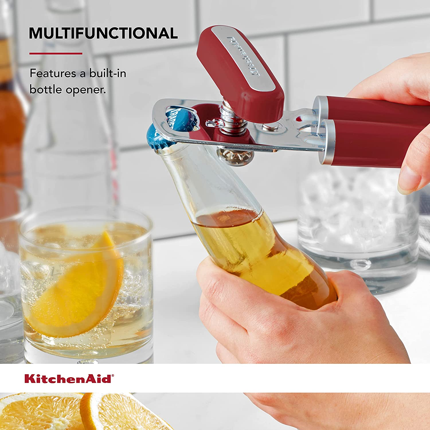 Kitchenaid Classic Multifunction Can Opener/Bottle Opener - Razor-Sharp Stainless Steel Cutting Wheel | Integrated Bottle Opener | Easy Crank Knob for Effortless Operation | 8.34-Inch | Empire Red image number 2