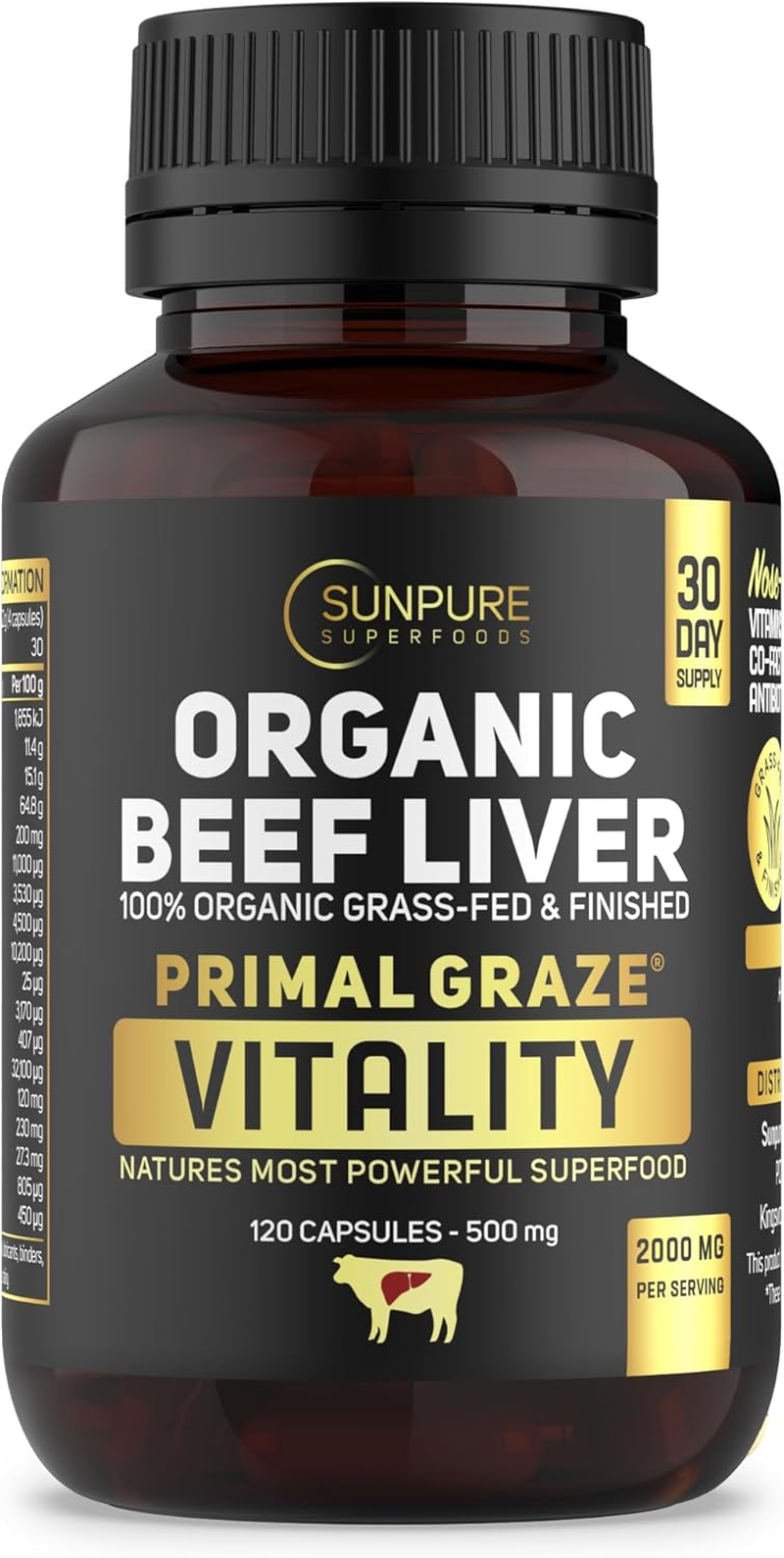 Organic Grass-Fed Beef Liver Capsules 2000Mg | 120 Capsules | Desiccated Liver Supplement | Primal Graze Vitality by Sunpure Superfoods image number 1