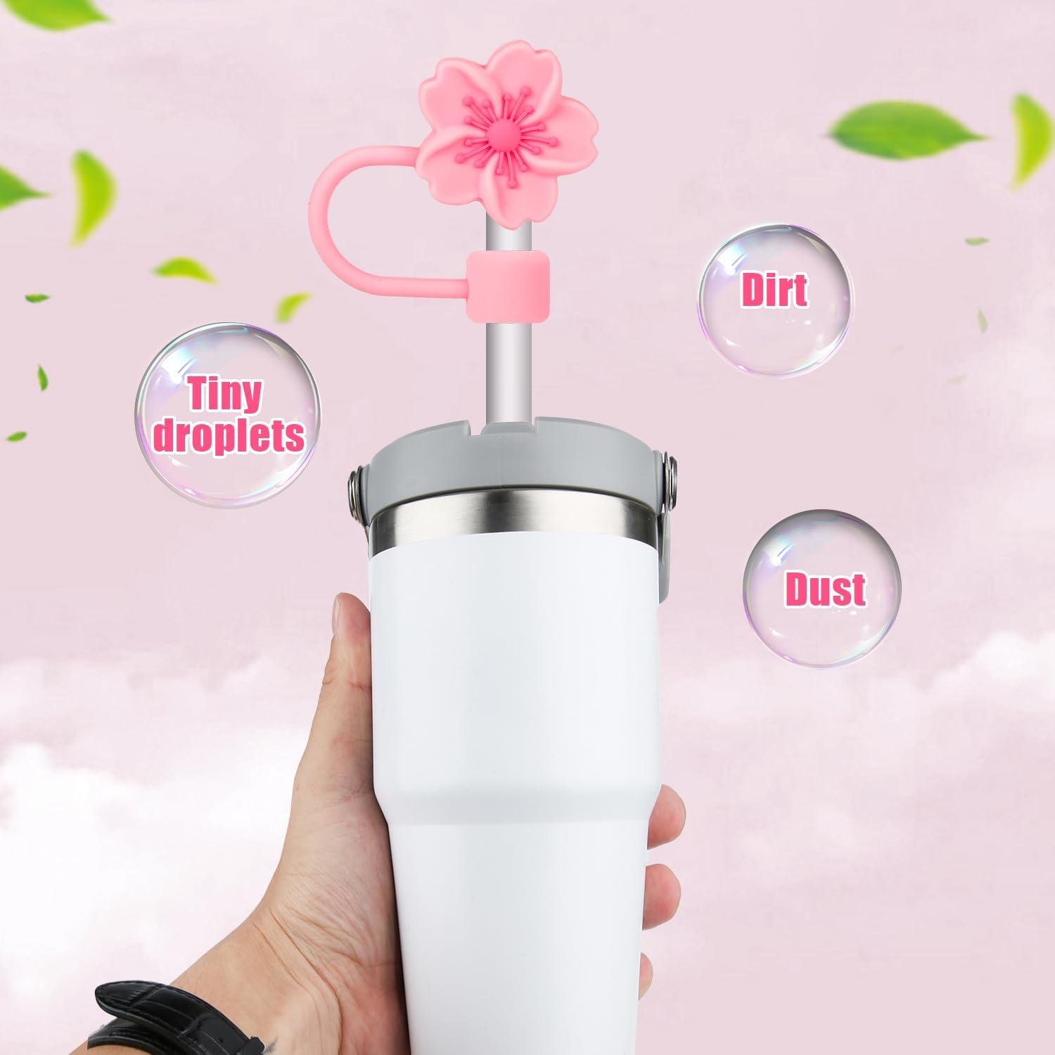 6Pcs 10Mm/0.4" Flower Straw Tip Topper for Stanley Sippy Cup, Pink Cherry Blossom Silicone Lid Cover Cap Reusable Seal Straw Plug Dust Proof Cute Straw Protector Accessories for 30 & 40 Oz Tumbler image number 1