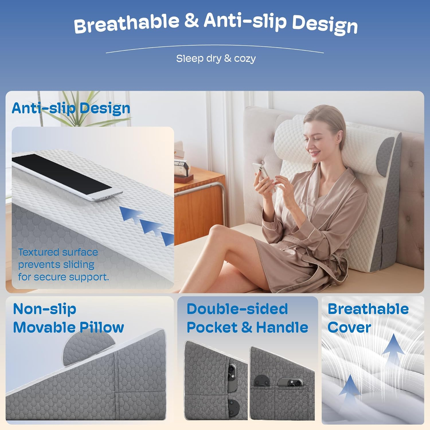 Wedge Pillow with Adjustable Pillow, 7.5" Wedge Pillow for Acid Reflux and Back Pain Relief, Snoring, Bed Wedge Pillows for Sleeping after Surgery. Cooling Memory Foam Top image number 6