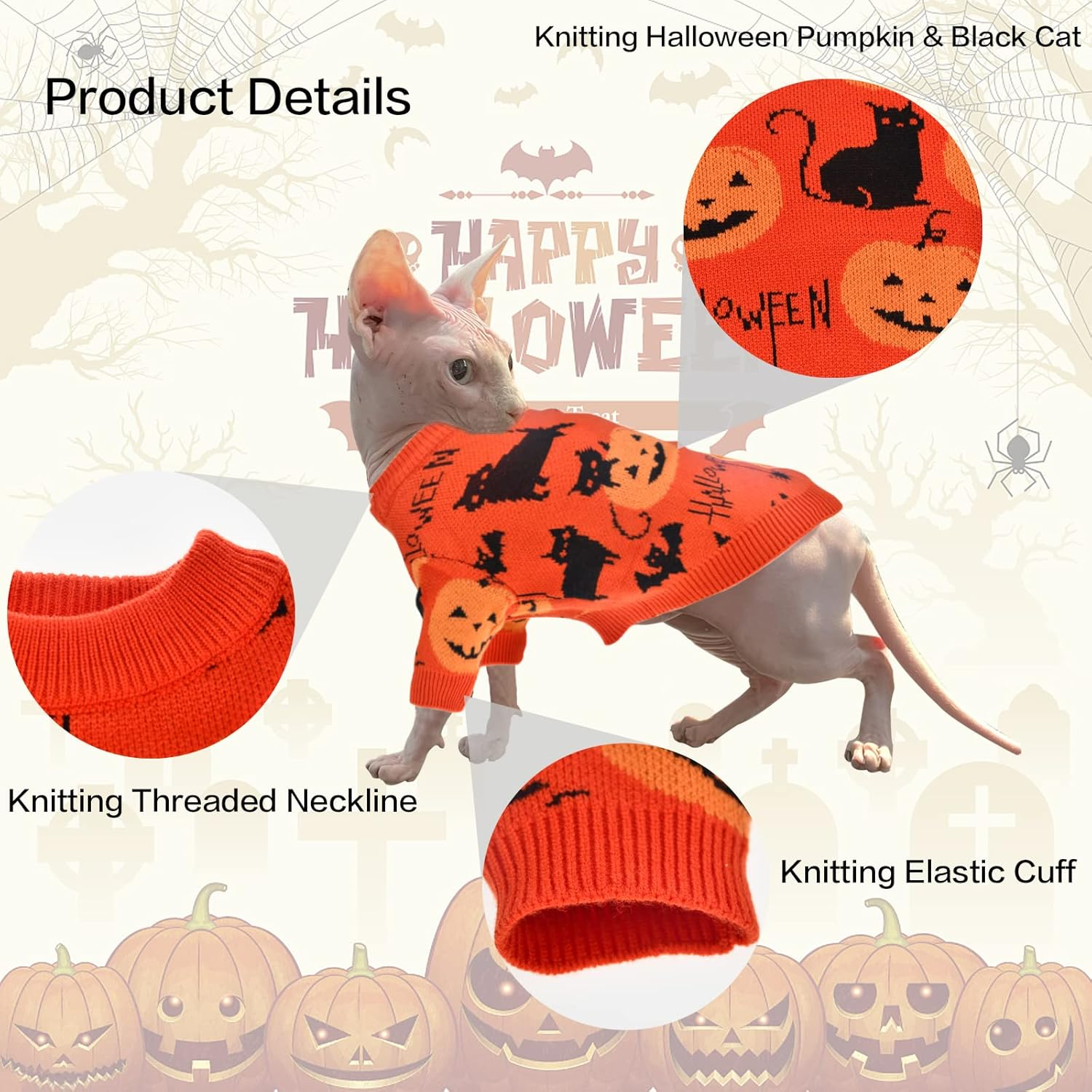 Cooshou Halloween Sweater Costume for Dogs Cat Pumpkin Knitwear Clothes Costume with Pumpkin Kitten Pattern Dog Halloween Sweater Coat for Kittens Small Dogs Cats XL