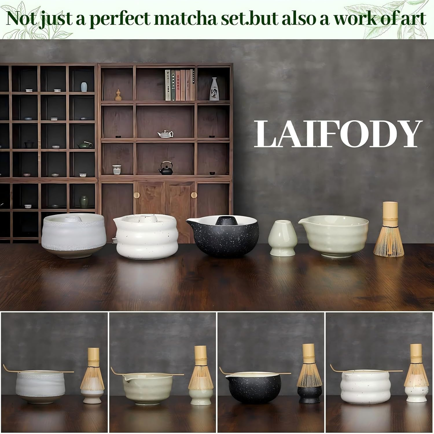 Matcha Whisk Set, 5 Pcs Matcha Tea Set for Ceremony, Match Bowl with Spout and Whisk, 15 OZ, Matcha Kit for Making Breakfast/Matcha Latte, Gift Perfect for Matcha Lover/Friend/Family - Spotted White image number 1