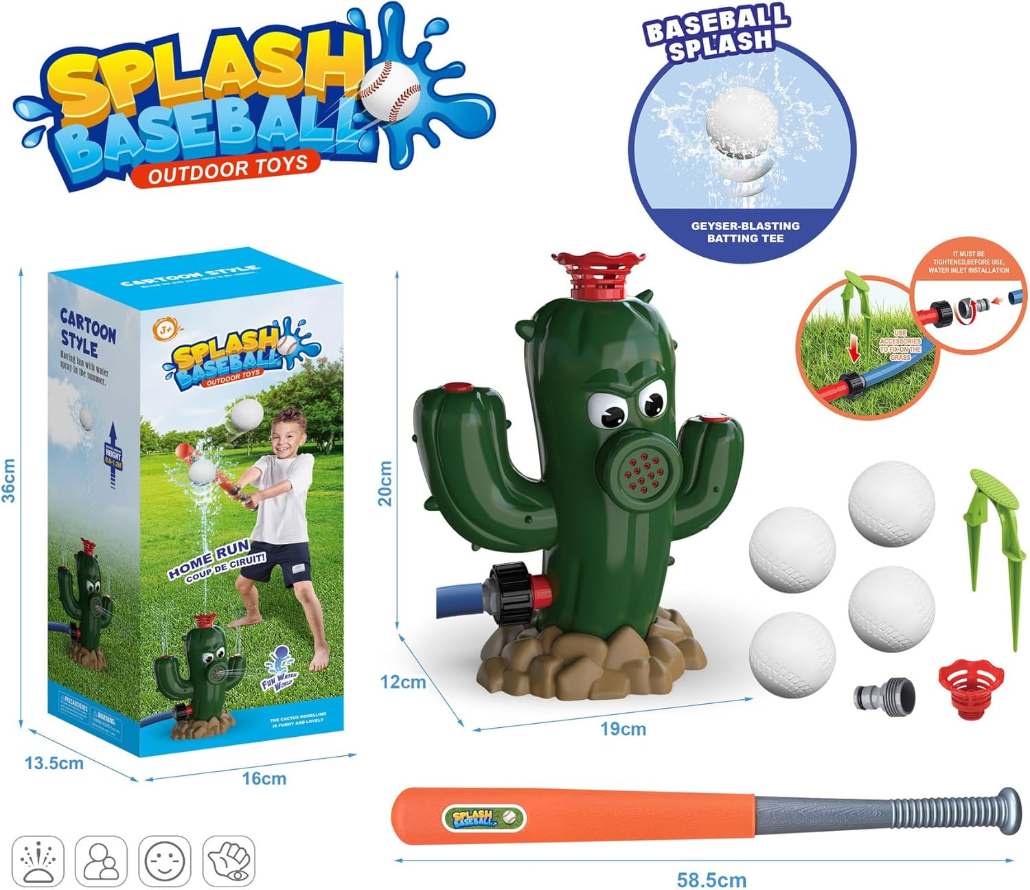 Kids Outdoor Water Sprinkler - Cactus Summer Backyard Lawn Game Spinning Sprinkler Toy - Spraying Ultra-High Water Jets, Attaches to Garden Hose, Baseball image number 4