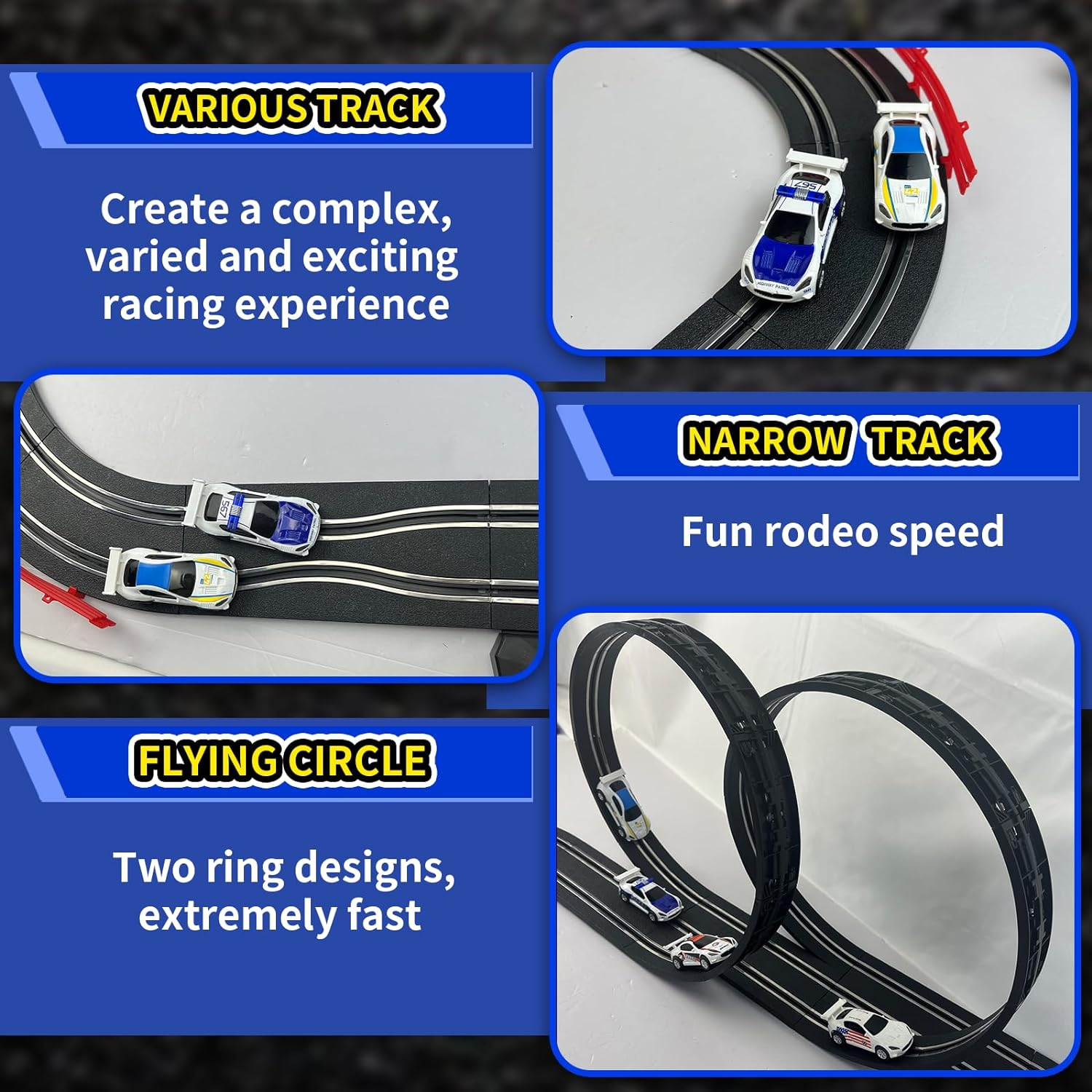 Slot Car Race Track Sets with 4 Light-Up Slot Cars, Battery or Electric Car Track, 2 Adjustable Speed Hand Controls, Track Parts and Lap Counter, Gifts Toys for Boys Girls Kids Age 4 5 6 7 8-12 image number 6