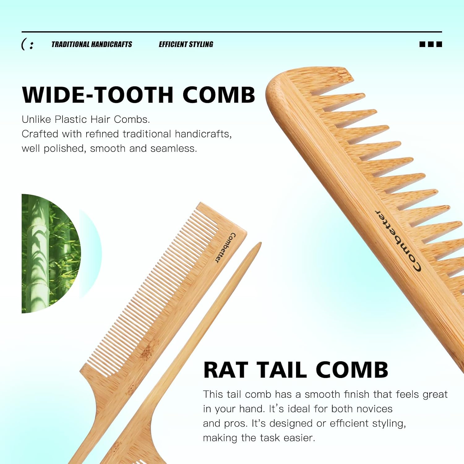 Combetter Bamboo Hair Brush and Comb Set, Eco-Friendly Natural Bamboo Paddle Hair Brush Set, Scalp Massage for Women, Men and Children image number 5