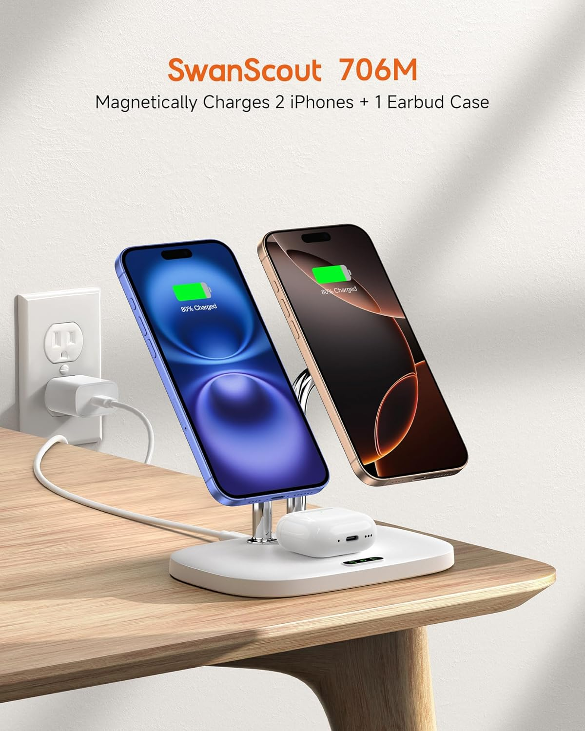 Swanscout Wireless Charger for Iphone 17/Air, Swanscout 706M, Dual Magnetic Charger for Iphone 16/15/14/13/12 Series, Charging Station for Airpods Pro 3/2, Airpods 4/3Rd (White) image number 5