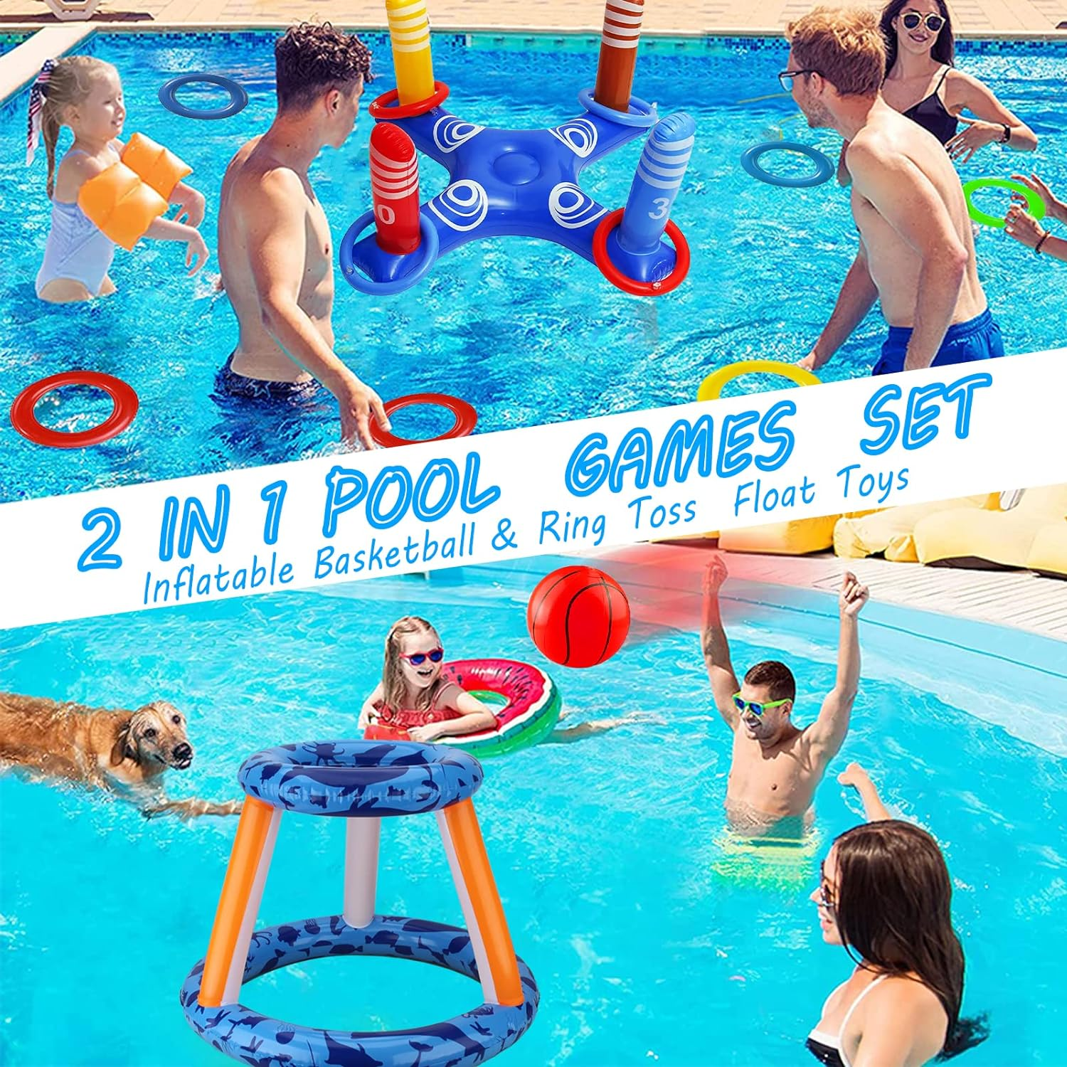 Pool Toys Games Set, Inflatable Pool Basketball Hoop & Ring Toss Game, Summer Water Games Pool Toys for Swimming Pool Party, Fun Swimming Water Sport for Kid, Teens, Adults and Family image number 2