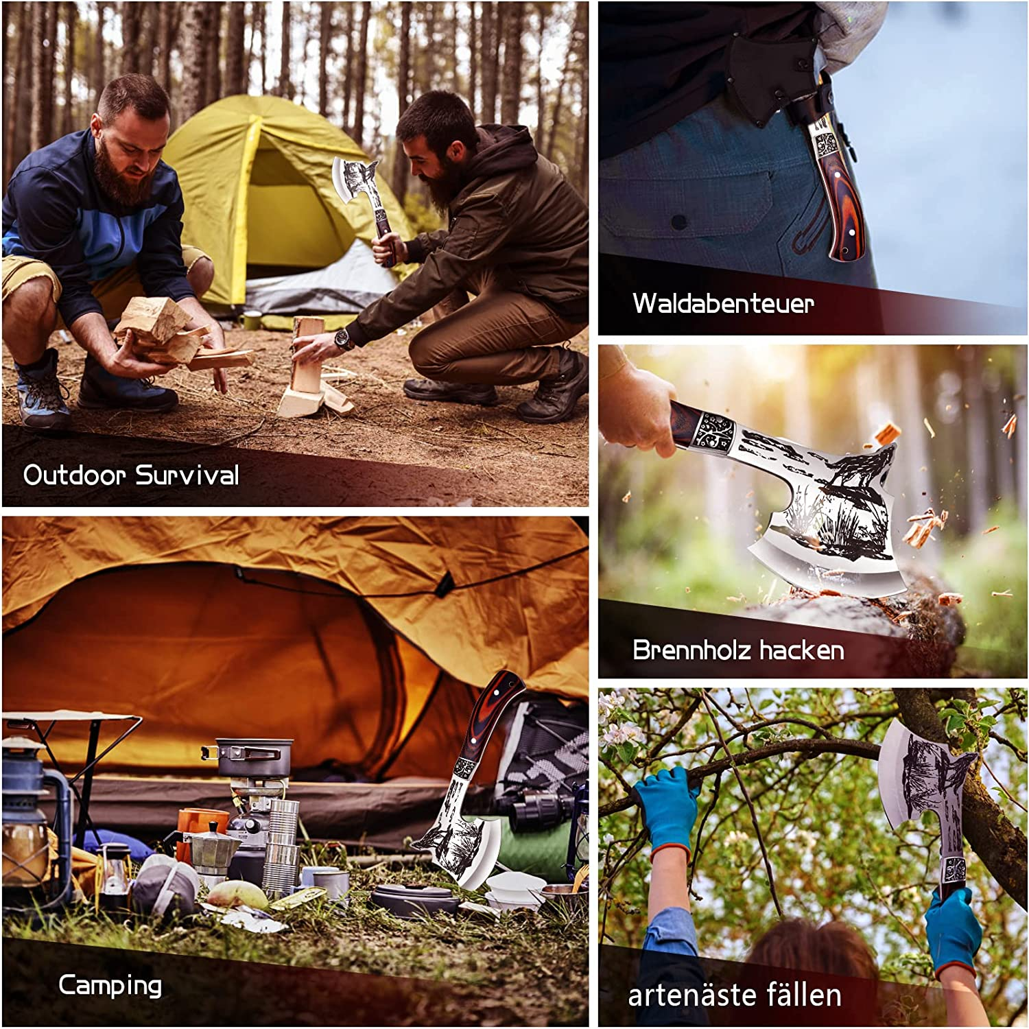 Survival Axe，Multitool Axe Set, Large Camping Axe with Hammer Whistle Compass Sheath Knife, 8 in 1 with Survival Hammer, Mutifunctional Survival Equipment for Hiking,Hunting,Camping, Bushcrafting image number 1