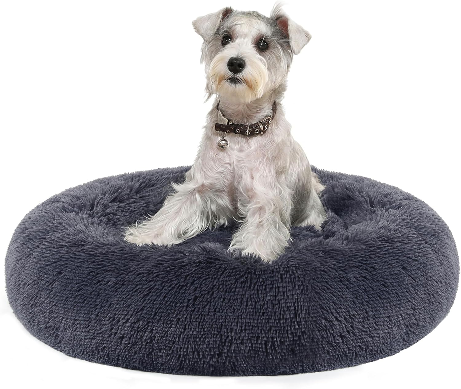Feandrea Fluffy Dog Bed, Cat Bed, Doughnut Cushion, Washable, Removable Padding in the Centre, Long Plush, 50 Cm Diameter, Ombre Grey PGW037G01