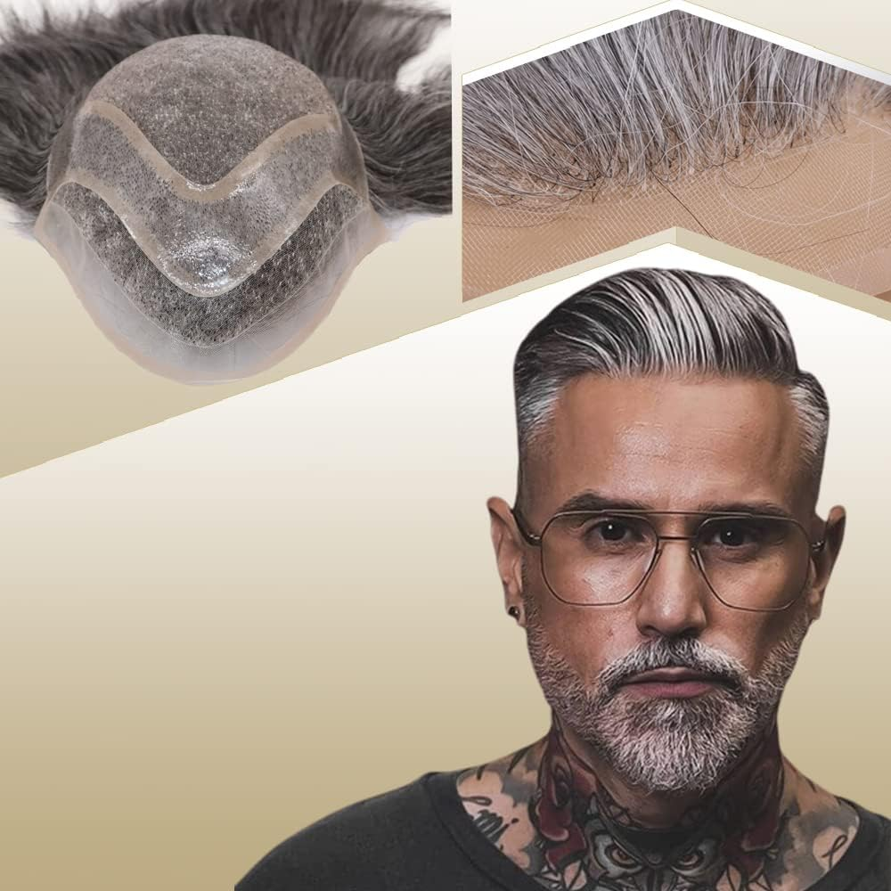Lishy Toupee for Men Hair Pieces 100% European Virgin Human Hair Replacement System 10" X 8" Mono Lace with PU around and Swiss Lace Front Toupee Men Hair Piece 1B Mixed 60% Grey Hair