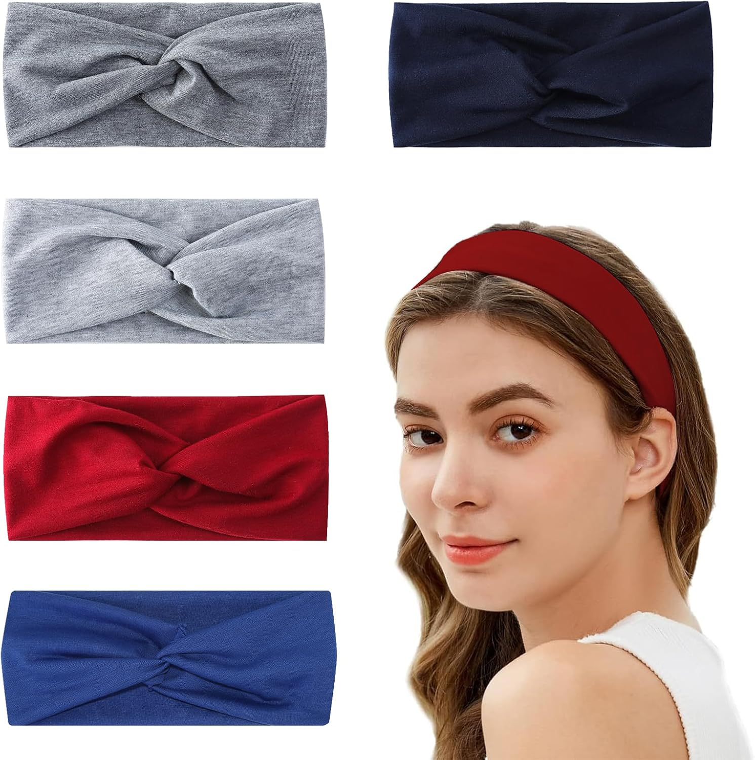 Amexo Pack of 5 Headbands, Hair Bands, Women'S Elastic Hair Band, Soft Headband, Boho Headbands, Sport, Yoga, Hair Accessories for Sports, Running, Exercise, Gym image number 4