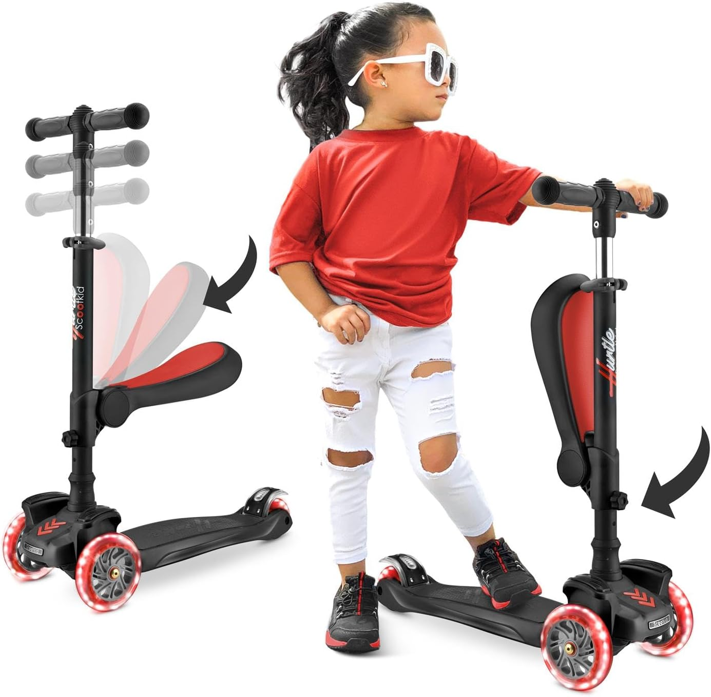 Hurtle 3-Wheeled Scooter for Kids - Wheel LED Lights, Adjustable Lean-To-Steer Handlebar, and Foldable Seat - Sit or Stand Ride with Brake for Boys and Girls Ages 1-14 Years Old