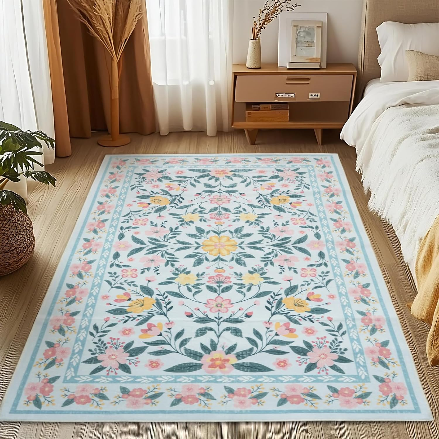 MOSISO 4X6 Area Rug for Living Room, Soft Non Slip Vintage Flowers Low Pile Carpet, Faux Wool Rectangular Washable Area Rugs Carpet for Living Room Bedroom Dining Room Home, Blue image number 2