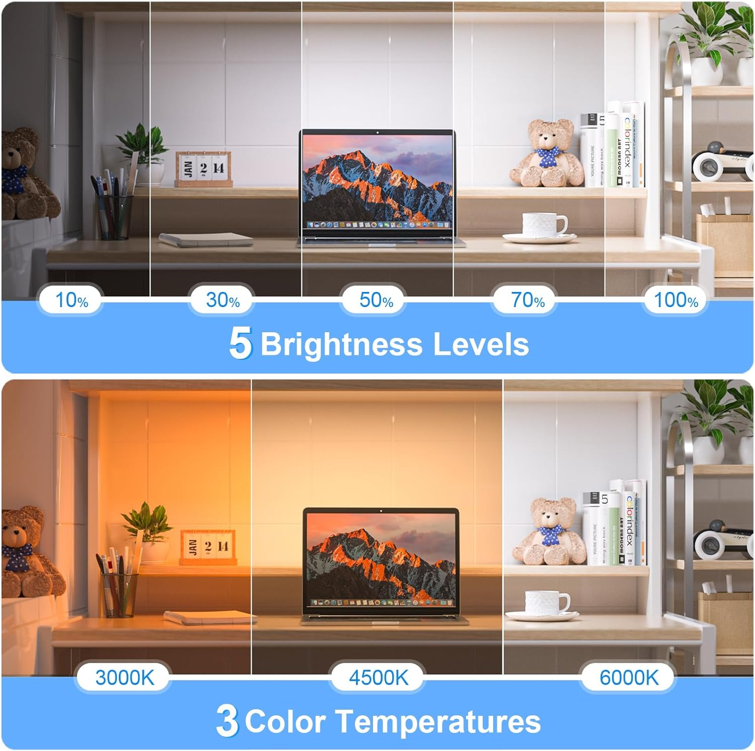 WILLED 5W Dimmable Mirror Lights,3 Colors Adjustable Makeup Light with 120 Led,2500Mah Rechargeable under Cabinet Led,Stick on Touch Light,Magnetic Wall Light for Cabinet,Kitchen,Closet,Bedside,Desk image number 7