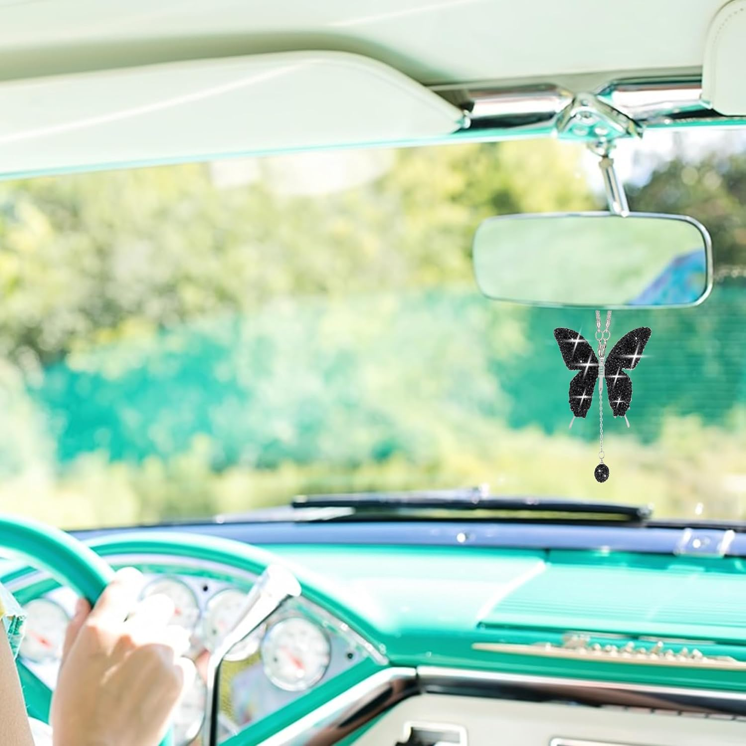 Couslcd Bling Butterfly Diamond Car Accessories, Crystal Car Rear View Mirror Charms for Women, Car Decoration Lucky Hanging Interior Crystal Ornament Pendant Decor for All Cars (Black) - Black image number 6