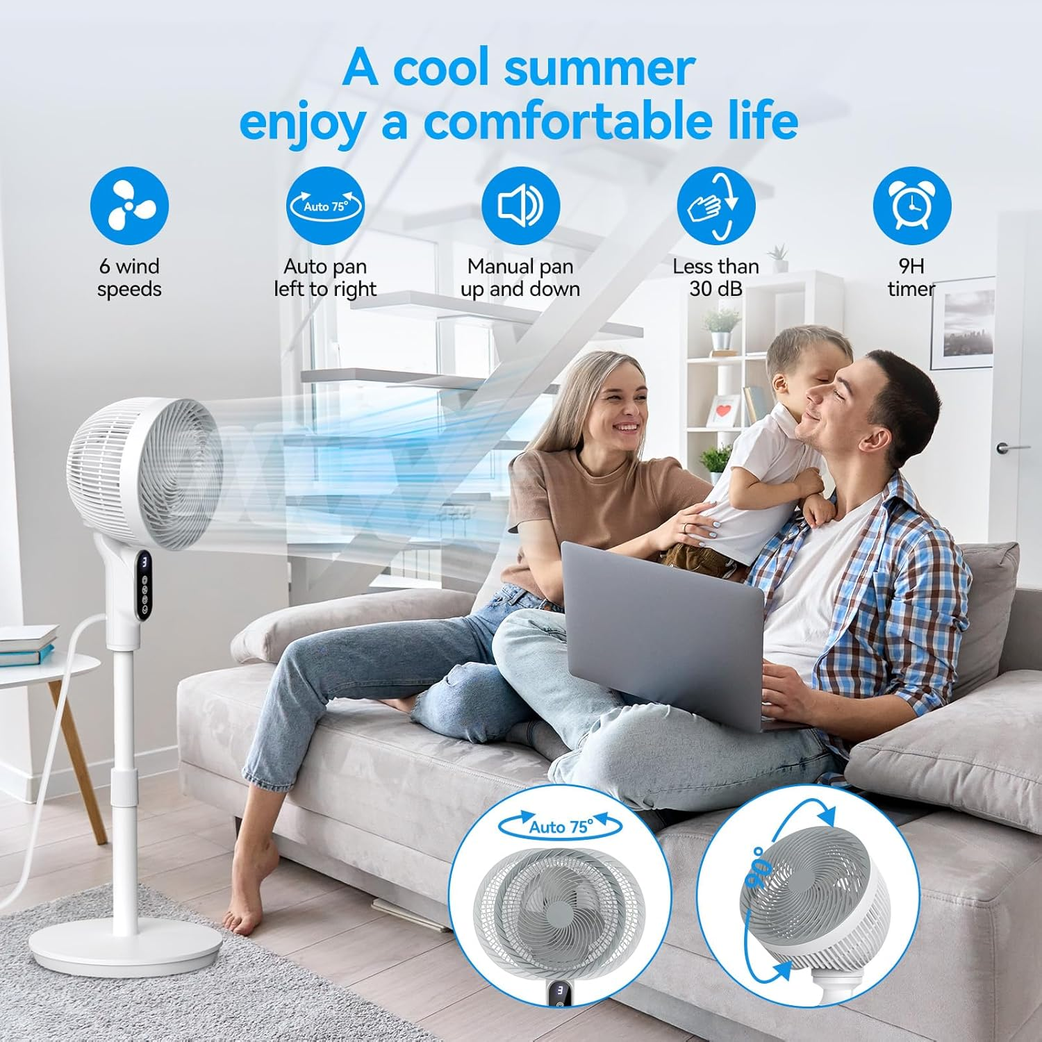 Smart Standing Fan, 40'' Quiet Pedestal Fans for Bedroom, 75&deg;Omni-Directional Oscillating Floor Fan with Remote, DC Motor Powerful Cooling Fans, 6 Speeds, 9H Timer for Home, Office, Indoor - White image number 4