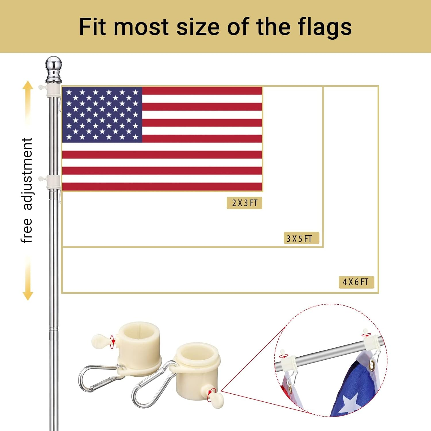 Ground Flag Poles for outside House - 1" Tangle Free Flag Pole Kit with 5 Prong - 8.5Ft Yard Flag Stand for Outdoor,Wind Resistant & Rustproof for Garden - Silver