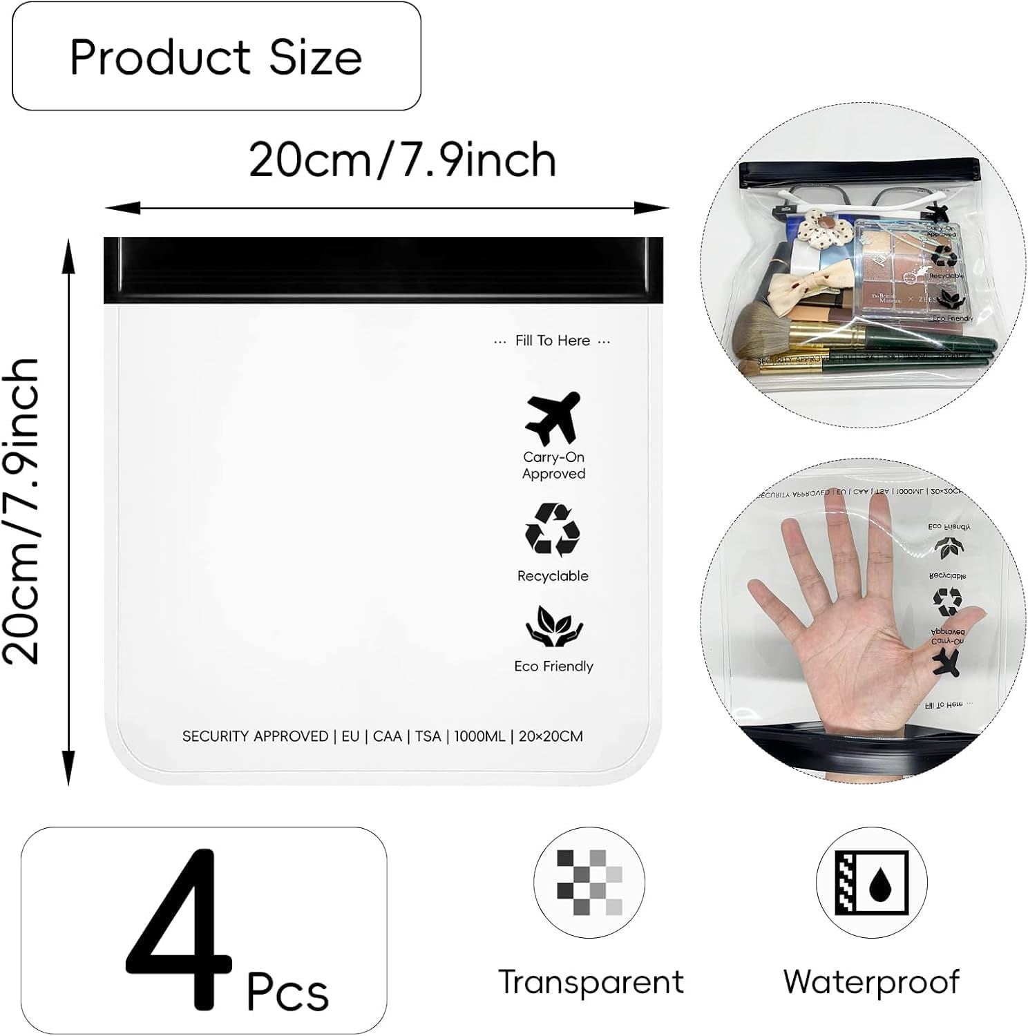 Clear Travel Toiletry Bags, TSA Approved, Quart Size Waterproof, 4-Piece Set