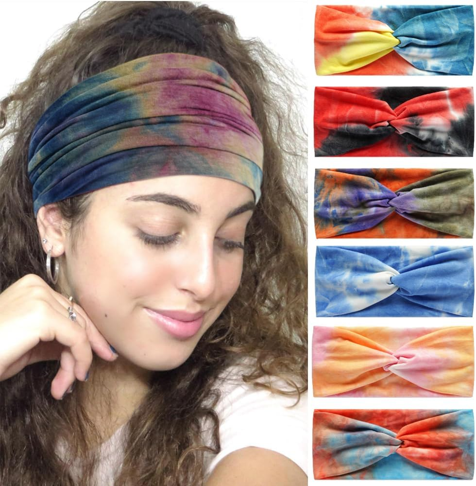 6Pcs Women'S Hairband Bandana Accessories for Adults - Boho Elastic Turban Wide Non-Slip Scarf Headbands for Short Hair (Tiedye) - 14Navyblue image number 4